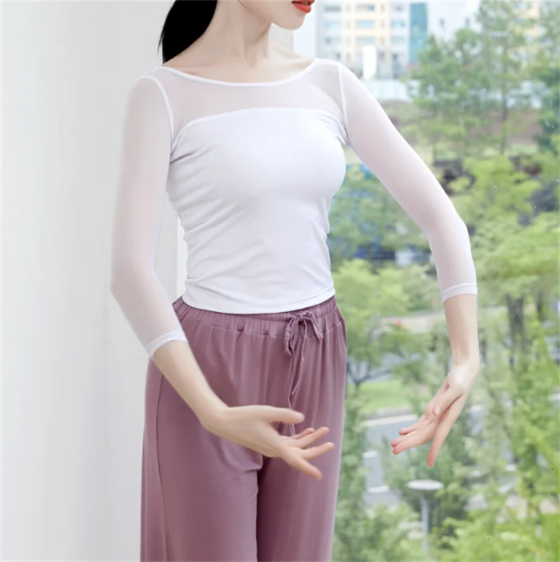 

Short Style O-neck Adult Women Classical Dance Costumes Translucent Fast Drying Blouse Long Sleeve Dance Practice Top