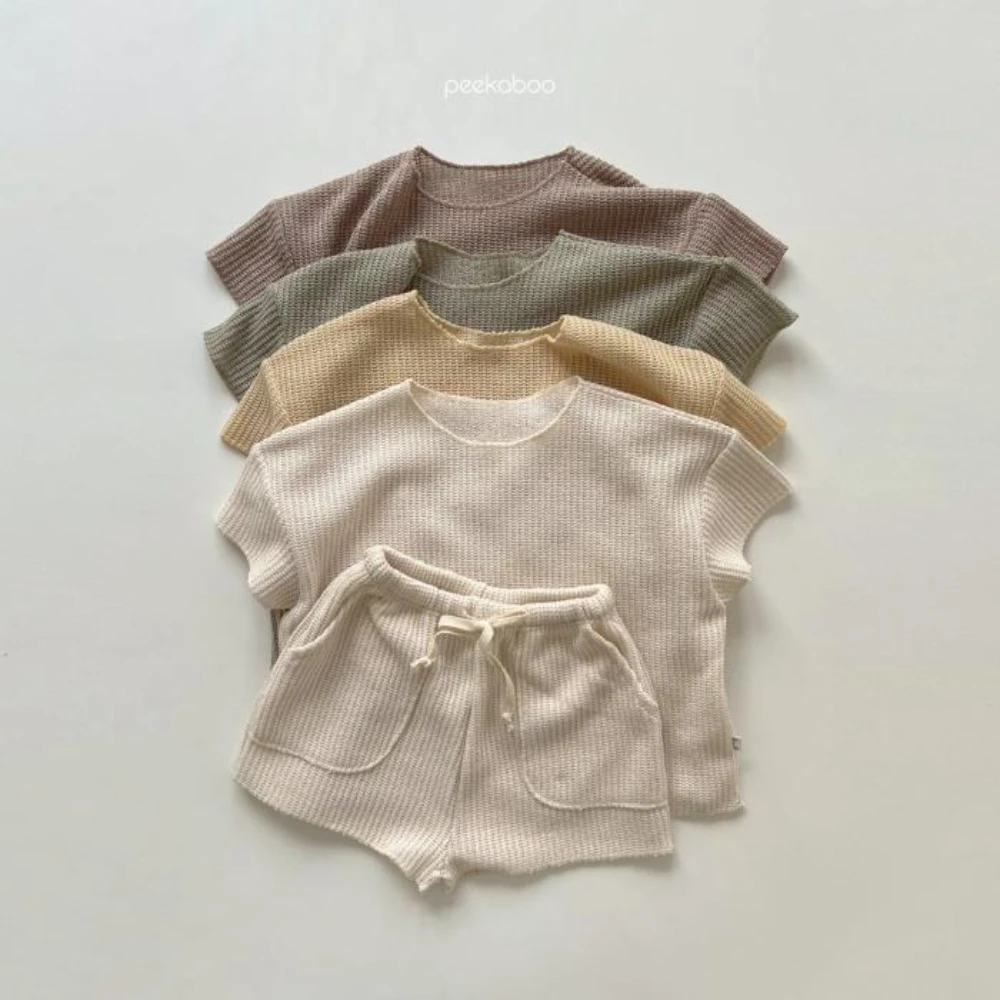 

Детская одежда, корейская детская одежда, Модный повседневный домашний комплект одежды с коротким рукавом, Свободный вязаный костюм для ле...