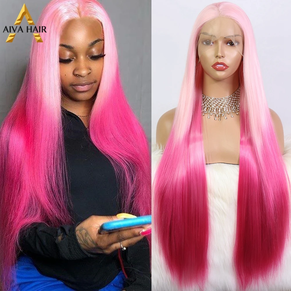 Aiva Pink Synthetic Lace Front Wig Drag Queen Wigs Ombre White Black Straight Lace Wig Cosplay Synthetic Wigs For Women