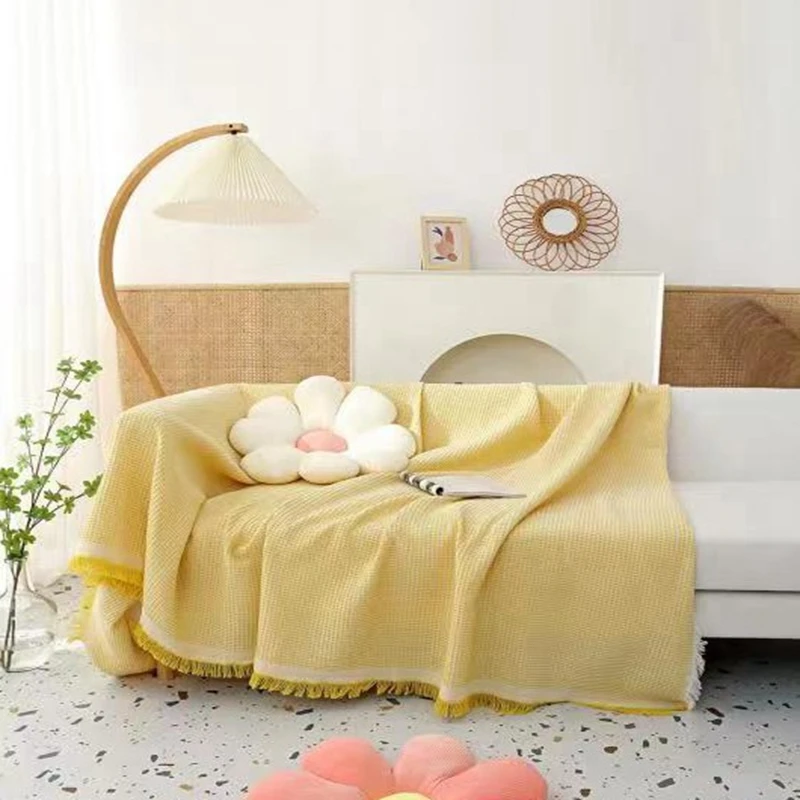 

Чехол для дивана в простом скандинавском стиле, декоративный однотонный гобелен желтого и розового цвета с кисточками и вязаными нитями, од...