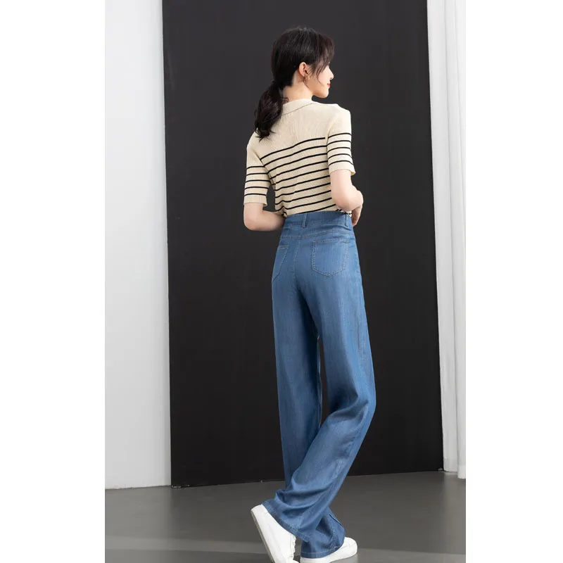 Wide Leg Jeans Lyocell Women Straight-leg Pants Mopping Thin Trousers 2023 High-waisted Slim Bottoms Baggy Clothes Blue Light