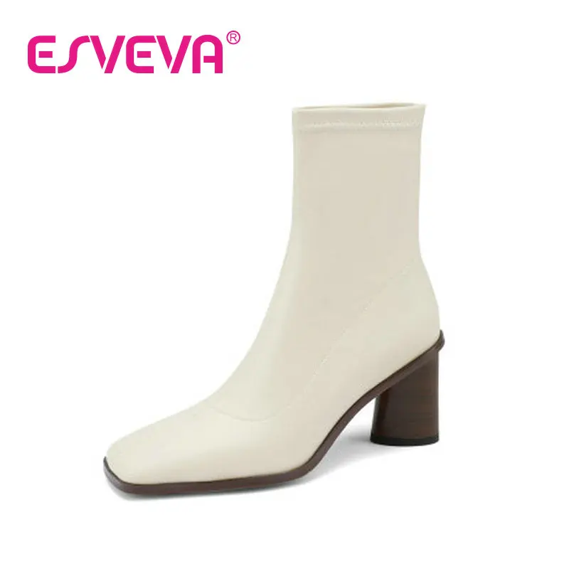 

ESVEVA 2023 Stretch Fabric Slip On Microfiber Fashion Ankle Boots British Nobility Style All Match Square Toe Shoes Size 34-39