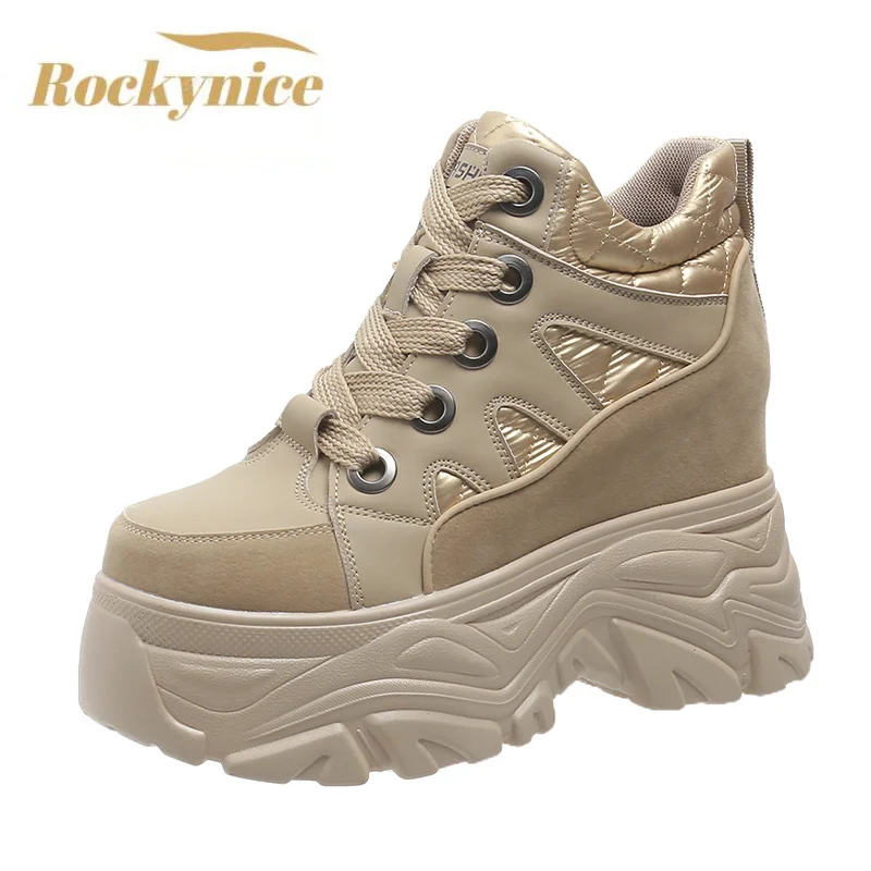 

Women's Ankle Boots Autumn Flock Chunky Shoes Woman Platform Height Increased Sneakers 9CM Thick Sole Wedges Snow Boots Winter