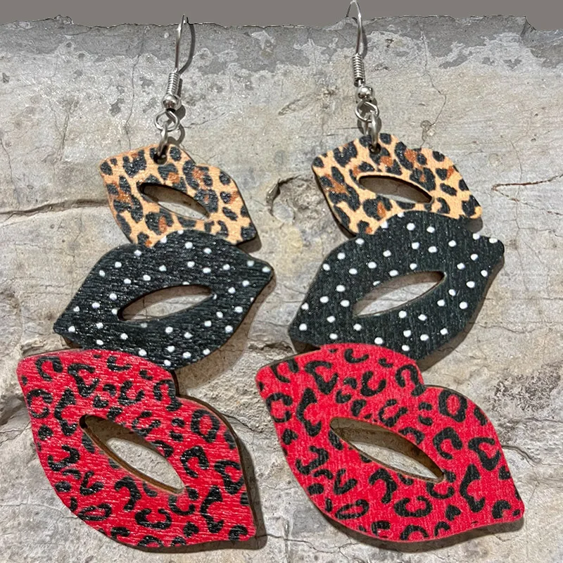 Valentine's Day Earrings Red Check Leopard Print Lip Contrast Western Denim Boots Leopard Print Earrings for Women Jewelry