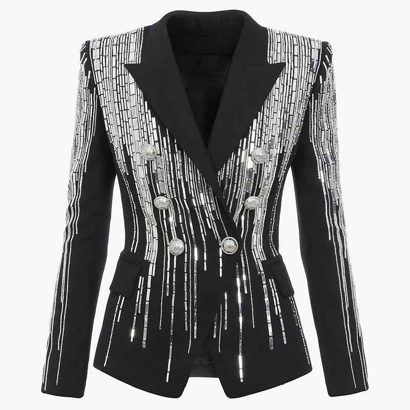 

HIGH STREET 2022 Newest Fashion Designer Jacket Women's Double Breasted Luxurious Stunning Silver Metal Buttons Beaded Blazer