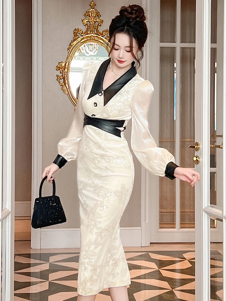 Women Clothes Work Style Formal Sequin Print Puff Sleeve Slim Midi Pencil Dress Elegant Ladies Commute Vintage Vestidos Casual