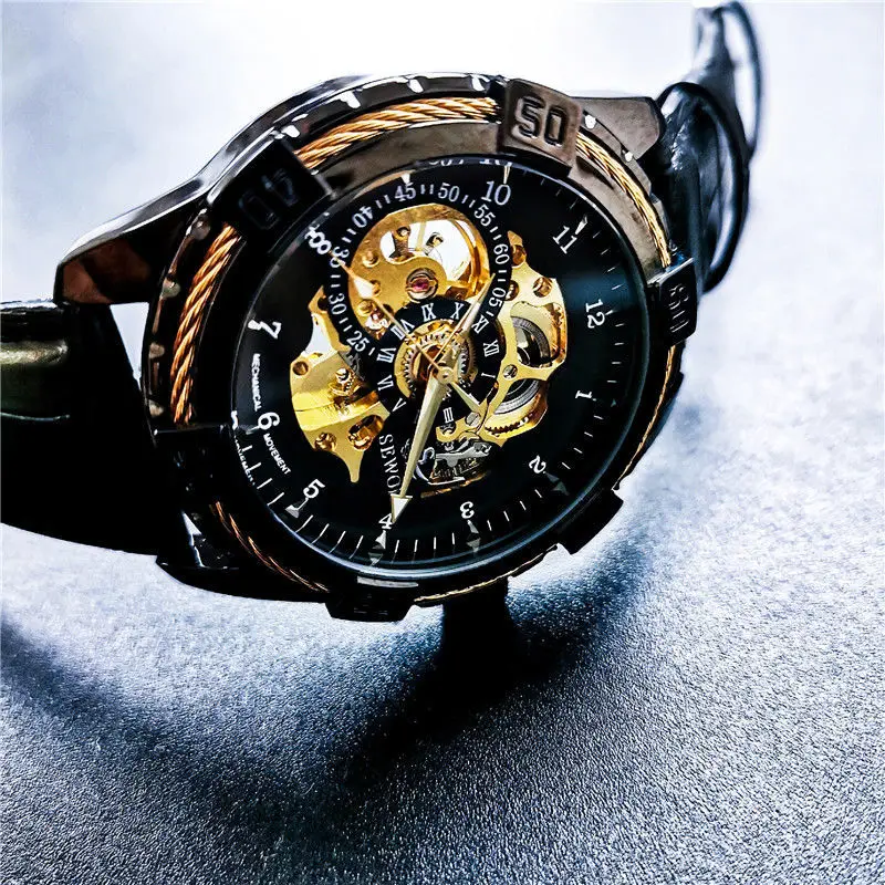 

Skeleton Tourbillon Automatic Mechanical Luxury Watch Men Luminous Leather Multifunctional Fashion Wristwatch Skeleton Business