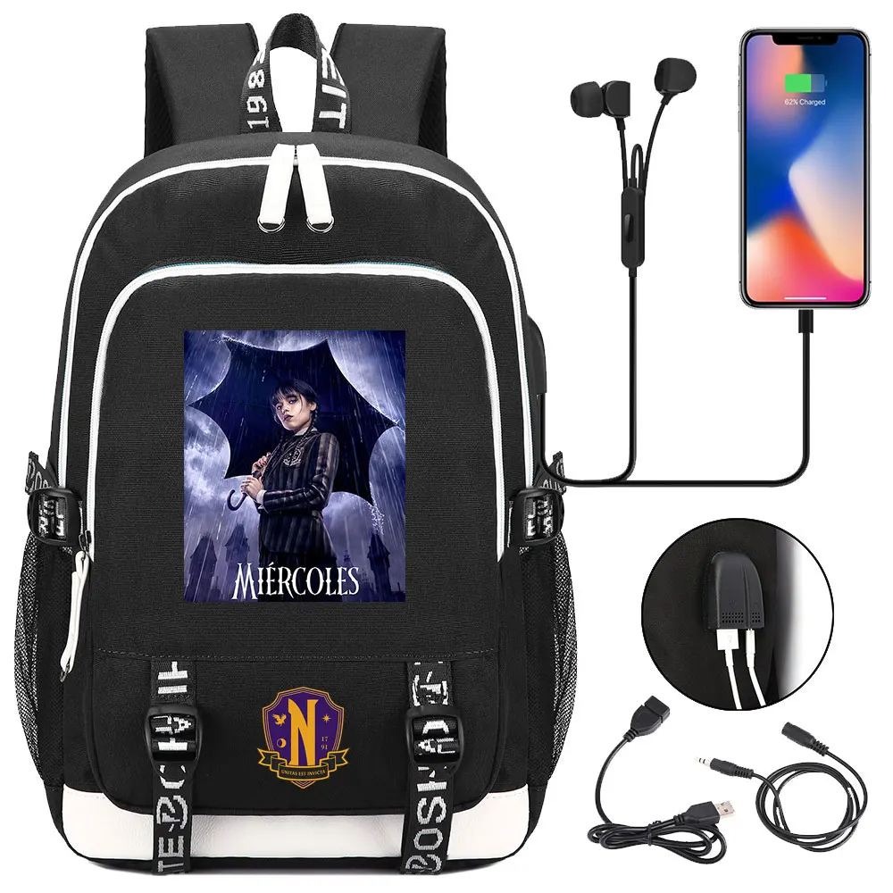 

Wednesday Addams Backpack Anime American TV Series Enid USB Charging Student Schoolbag Large-capacity Bag Knapsack Gifts