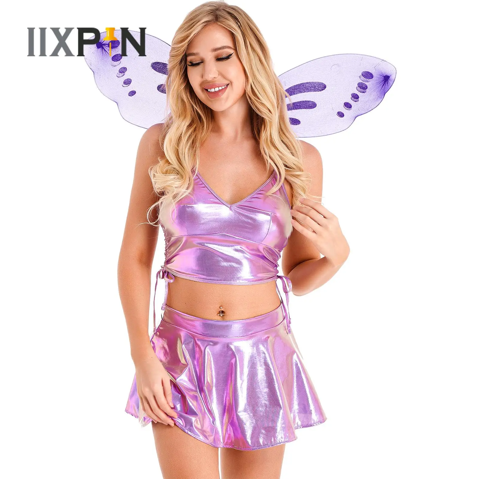 

Womens Halloween Elven Elf Cosplay Costume Shiny Bra Crop Top Ruffle Skirt Wings Outfit for Fancy Carnival Theme Party Clothing