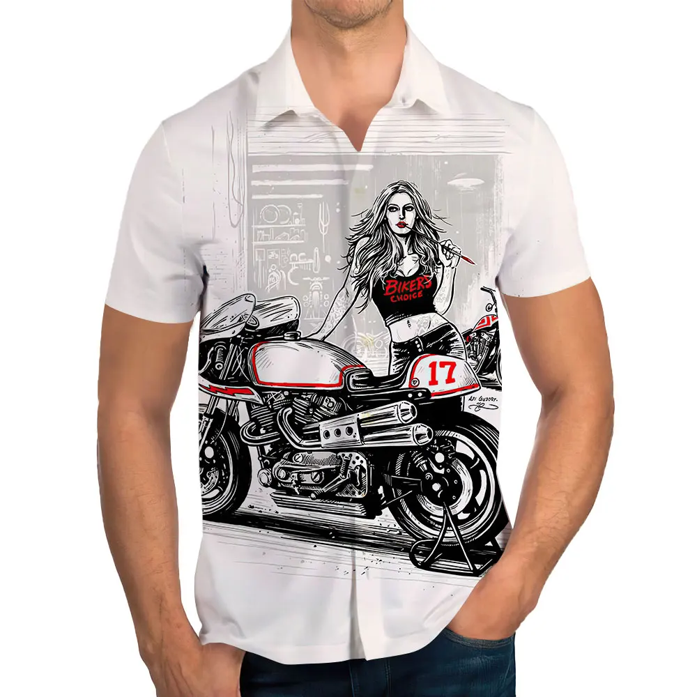 

Men's Summer Polo Neck Short Sleeve Shirt Motorcycle Girl Printed Short Sleeve Loose Top Extra Large Men's Printed Pattern Shirt
