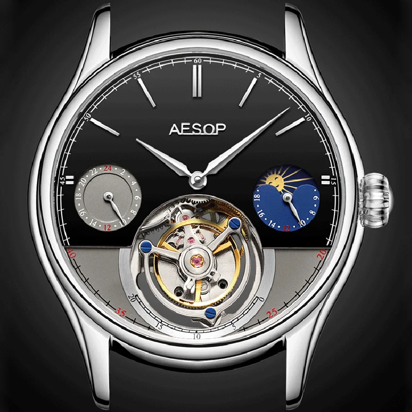 

Aesop Multifunctional Original Real Tourbillon Movement Stainless Steel Black And White Plate Waterproof Mechanical Watch 7023