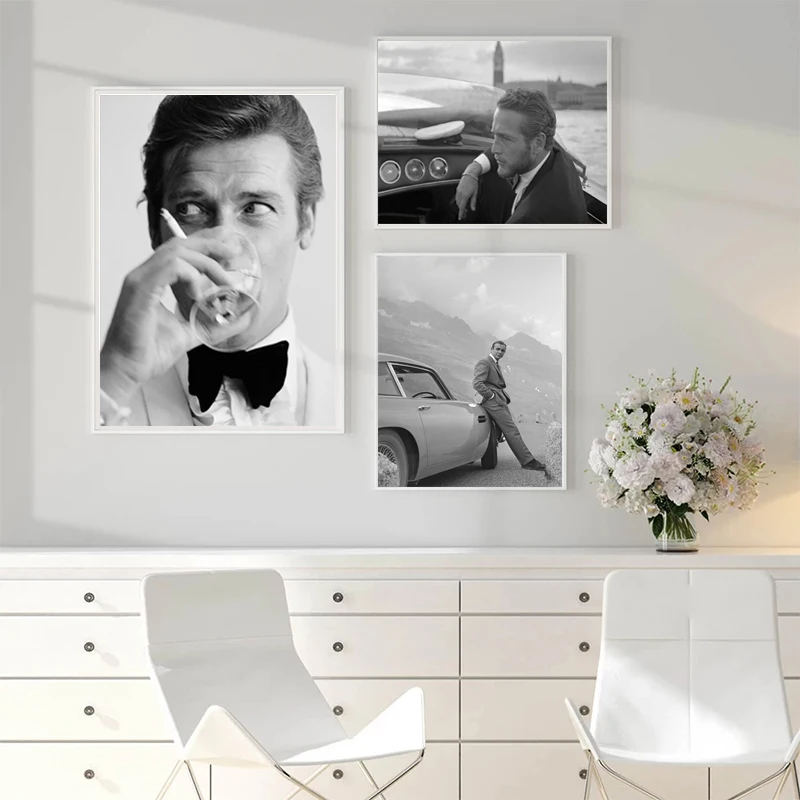 

Gentleman Spy Movie 007 Poster Bond Cars Black and White Actor Prints Movie Canvas Painting Wall Art Picture Living Room Decor