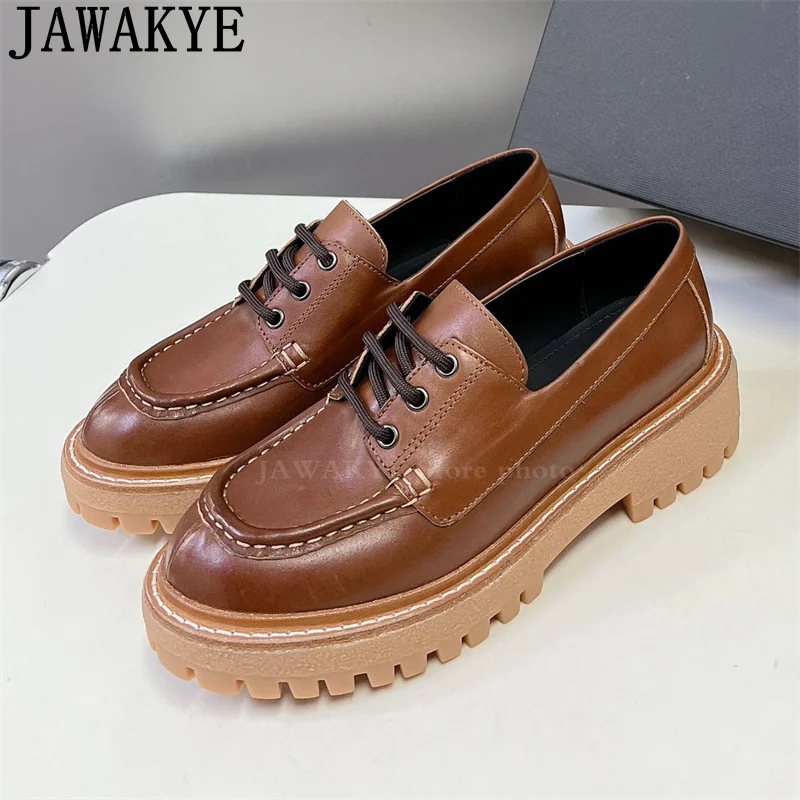 Туфли женские из натуральной кожи лоферы круглый носок толстая подошва на