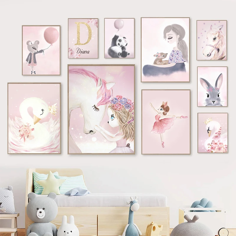 

Swan Horse Panda Rabbit Girl Crown Name Custom Wall Art Canvas Painting Nordic Posters And Prints Wall Pictures Kids Room Decor