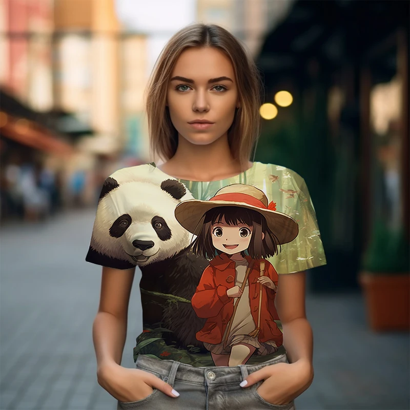 

Уникальная креативная футболка с 3D принтом панды и девочки, женская летняя свободная футболка с круглым вырезом, домашняя Повседневная футболка