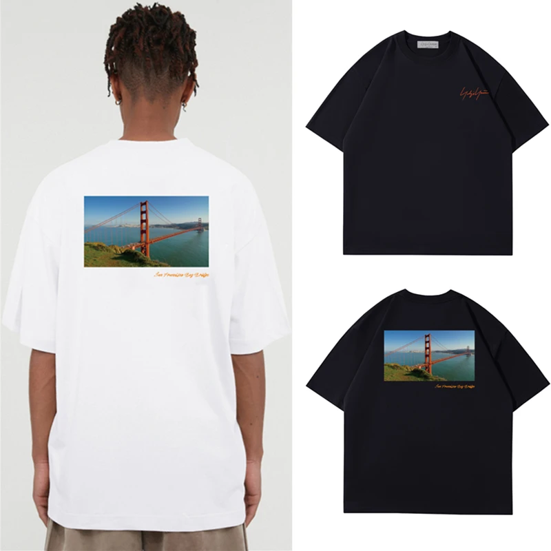 

Летняя мужская футболка Yohji Yamamoto Y3 2023, Калифорнийский мост, город, ограниченный принт, уличный тренд, короткий рукав для мужчин и женщин