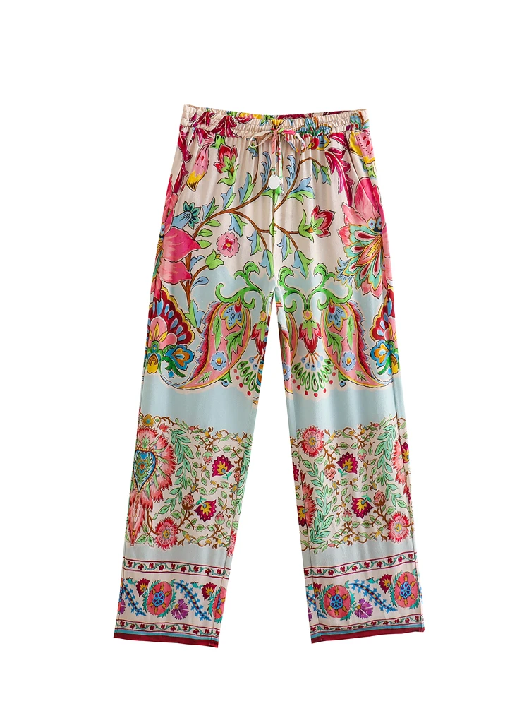

TRAF Women 2022 Fashion Patchwork Floral Print Wide Leg Pants Vintage High Elastic Waist Drawstring Female Ankle Trousers