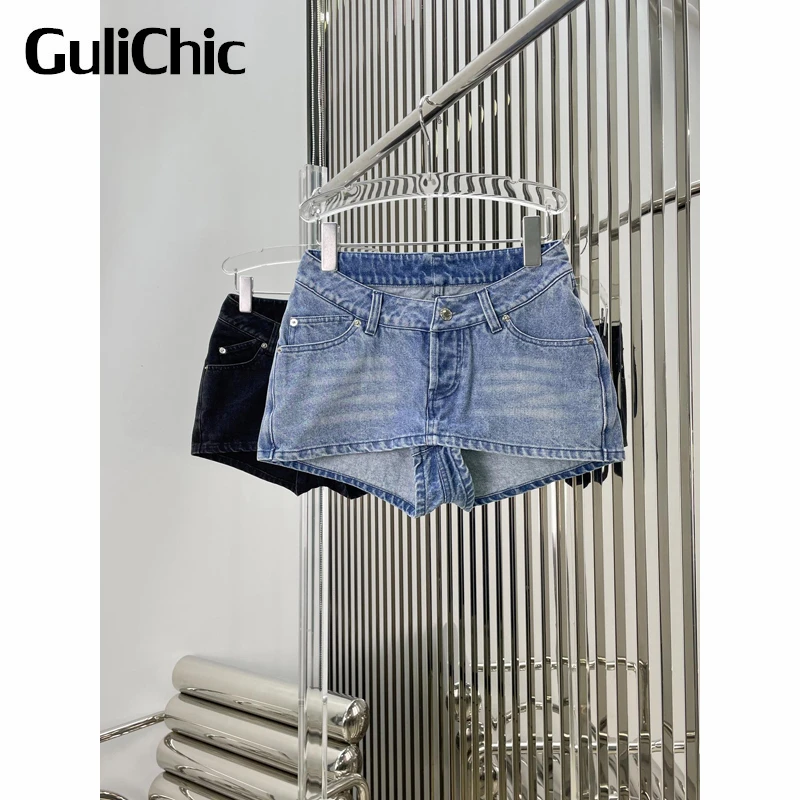 11.17 GuliChic Women Vintage Sexy Washed Low Waist Cotton Denim Shorts Skirt