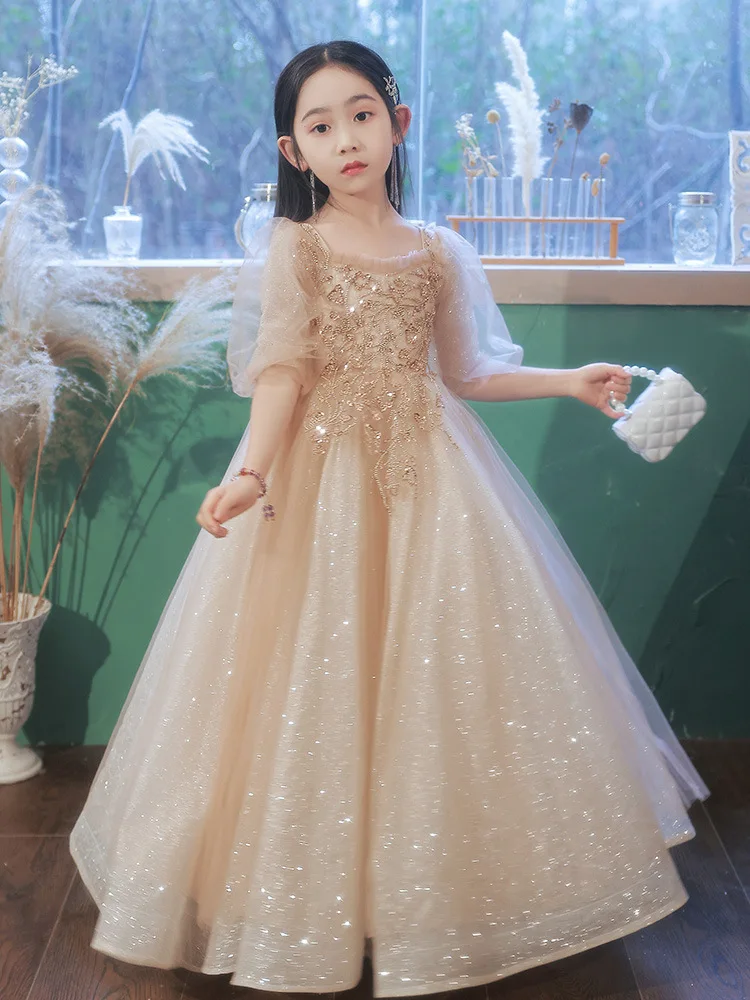 

Girls Square Neck Champagne Dress Evening Dress Kids Piano Performance Dress puffy Yarn Girl Host Flower Princess Party Dress