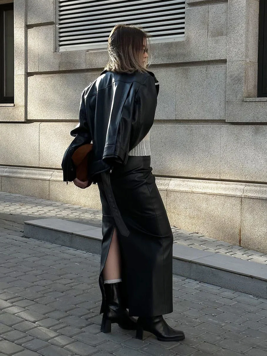 Женская винтажная юбка-карандаш из ПУ кожи серебристая классическая с высокой