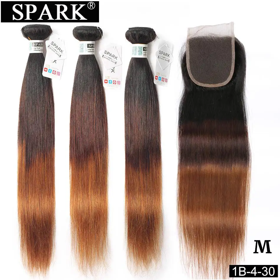 Spark 3/4 Bundles with Closure Peruvian Ombre Straight Human Hair Bundles With Closure Free/Middle Part Remy Hair Medium Ratio