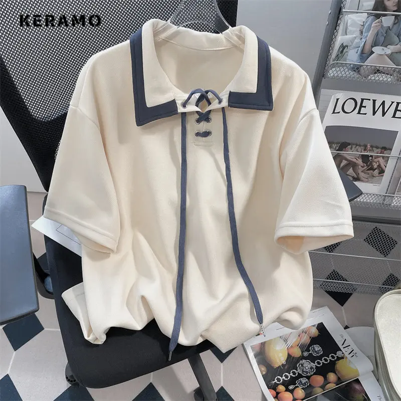 

2023 Summer Casual Short Sleeve Patchwork Turn-Down Collar T-Shirts Women's All-Match Loose Basics Lace-up Shirt Tees Tops
