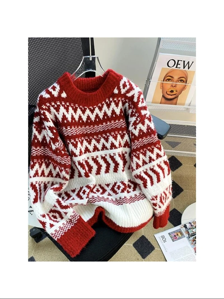 Южная Корея Ретро Новогодний красный свитер Женская осенне-зимняя верхняя