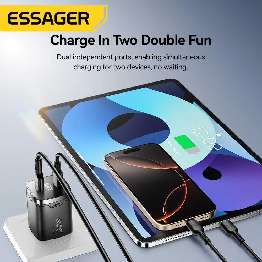 Фото Essager 33 Вт GaN USB Type C Зарядное устройство с цифровым дисплеем PD Быстрая зарядка для iPhone 16 15 14 Pro Max iPad Mini 6 Xiaomi Samsung S22 №5