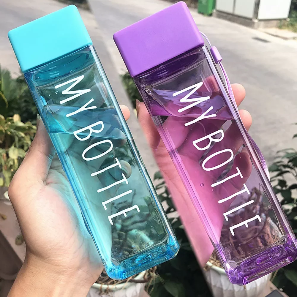 

Water Bottle Transparent Square Plastic Drink Cup Outdoor Cold Juice Milk Sport Bottle With Portable Rope Leakproof Water Bottle