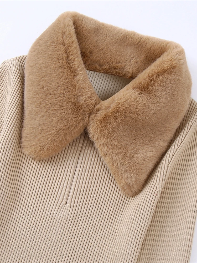 Женский трикотажный пуловер с длинным рукавом и воротником из искусственного