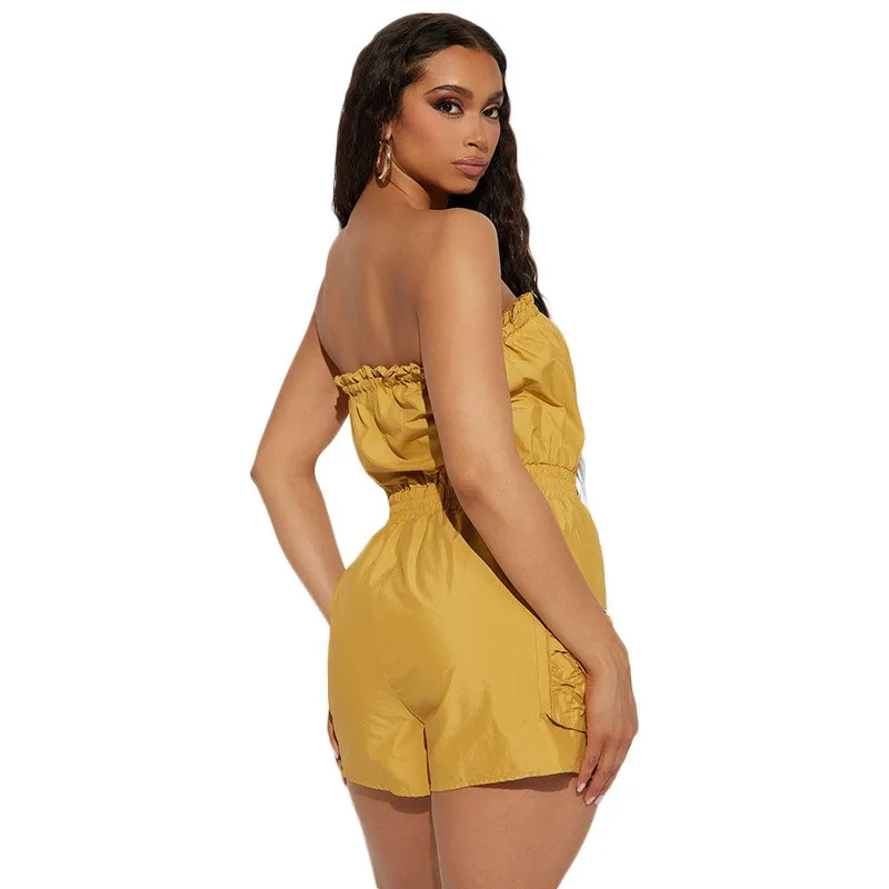Fresh And Fashionable Drawstring Tube Top Solid Color Jumpsuit With Pockets Shrinking Waist Culottes Slim Fit Slim Jumpsuit 2023
