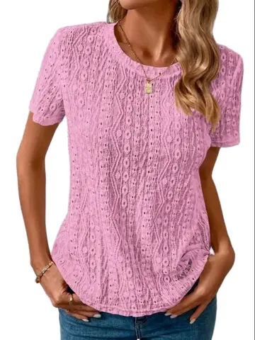Women's Shirt 2023 Spring/Summer New Solid Round Neck Shirt Hollow Short Sleeve Loose Shirt Versatile Shirt Women