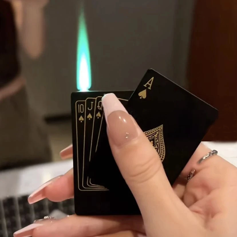 

Creative Metal Windproof Playing Card Lighter Green Flame Jet Torch Butane Gas Lighter Cigarette Accessories Men's Gift