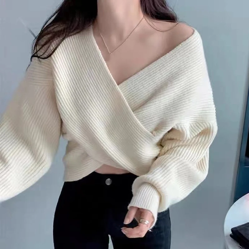 

Elegant Cross V-Neck Off Shoulder Knitted Pullover Korean Chic Lady Clothes Fashion Tops Autumn/Winter Long Sleeve Sweater 29004
