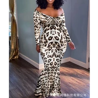 womens dress summer fashion leopard print slim dress womens sexy long sleeve slash neck strapless high waist dress