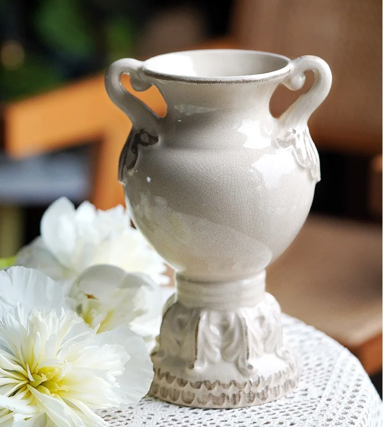 

Creative relief ceramic high-footed vase simple living room flower arrangement ornaments retro nostalgic home accessories vase