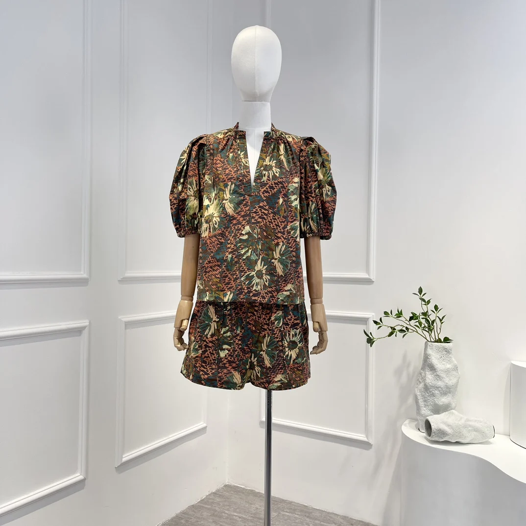 

Vintage 2023 Top Quality Women Floral Print Puff Sleeve Blouse and Shorts Set