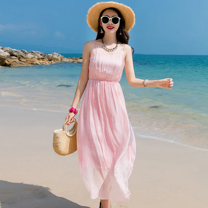 Summer Dress Boho White Real Silk Dresses Women Clothes 2022 Korean V Neck Sleeveless Maxi Dress Ladies Fit Vestidos 8033