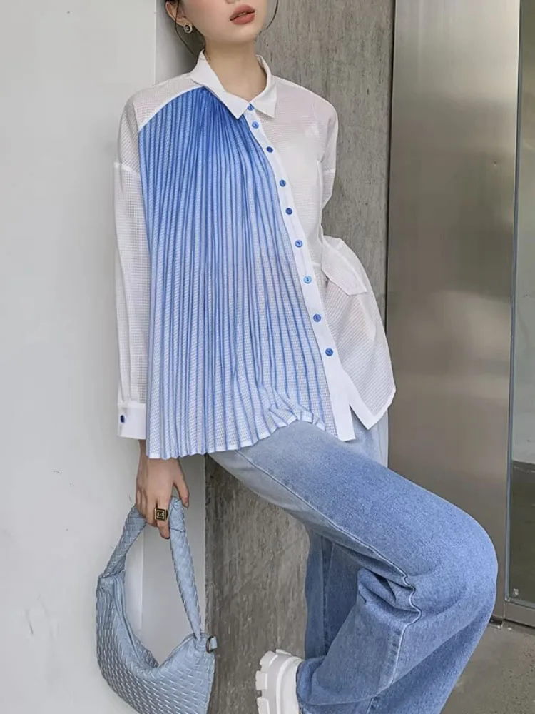 

Женская плиссированная рубашка на пуговицах, голубая и белая дизайнерская блузка с длинным рукавом и воротником, 2023