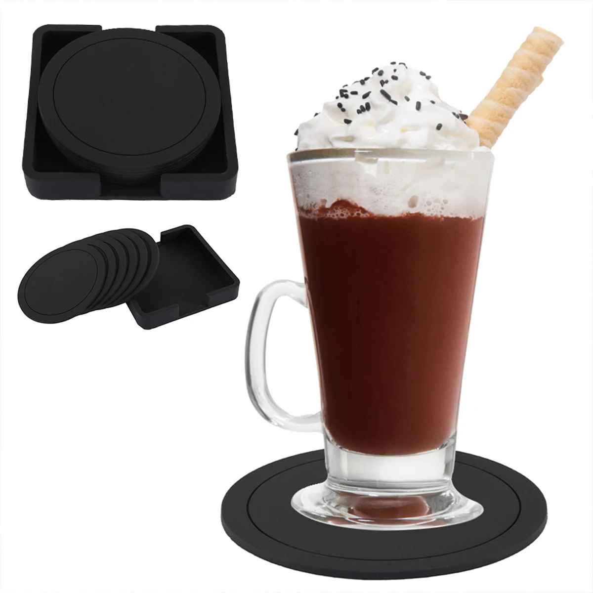 

6pcs Silicone Non Slip Drinking Cup Mat Soft Drink Cup Pad Black Round Heat Resistant Cup Mat for Home Coffee Table
