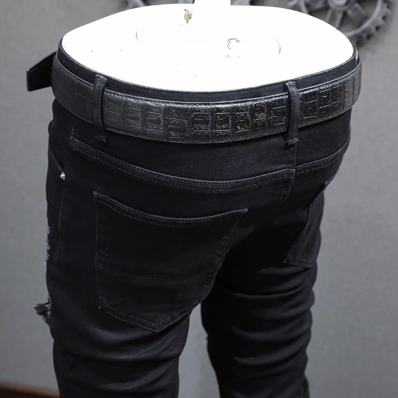 Street Fashion Men Jeans High Quality Black Stretch Skinny Ripped Jeans Men Beading Patched Designer Hip Hop Brand Pants Hombre