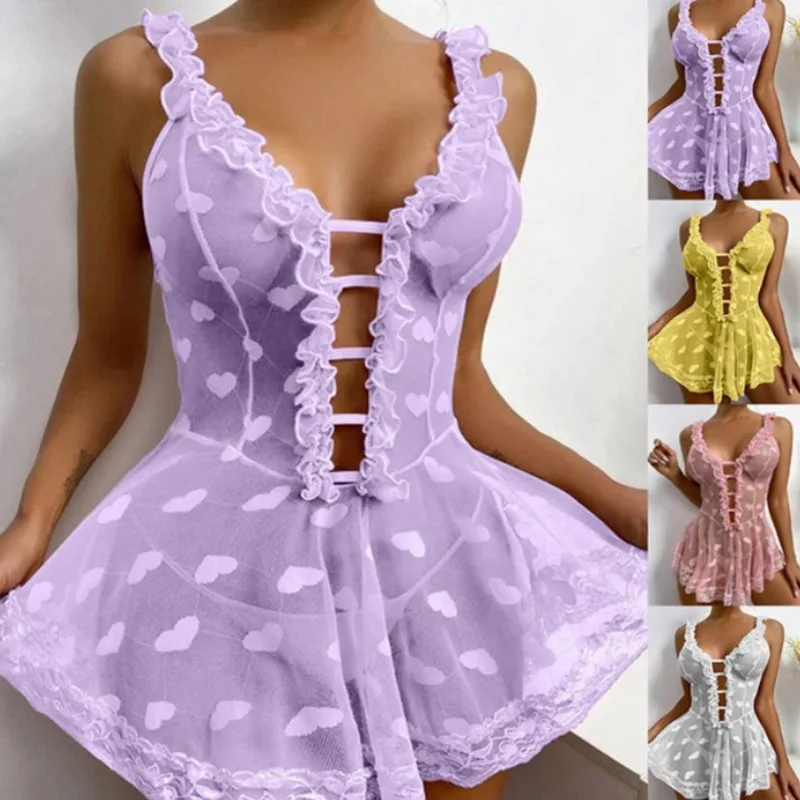 

Sexy See Through Women Pajamas Deep V Neck Lace Pajamas Sheer Body Dress Nightgown Home Nightdress Mesh Babydolls Sleepwear