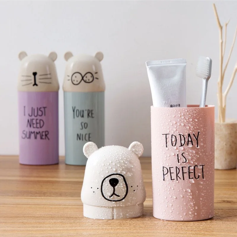 

Nordic Cartoon Bear Couple Portable Travel Toothbrush Organizer Tableware Fork Spoons Protect Container Tooth Brush Storage Box