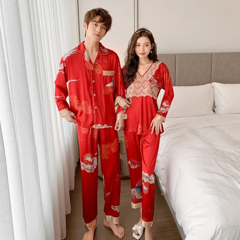 

Couple Crane Printed Satin Pajamas Sleepwear Men Shirt Pants Women Lace Trim V-Neck Pullover Trousers Loungewear Homewear
