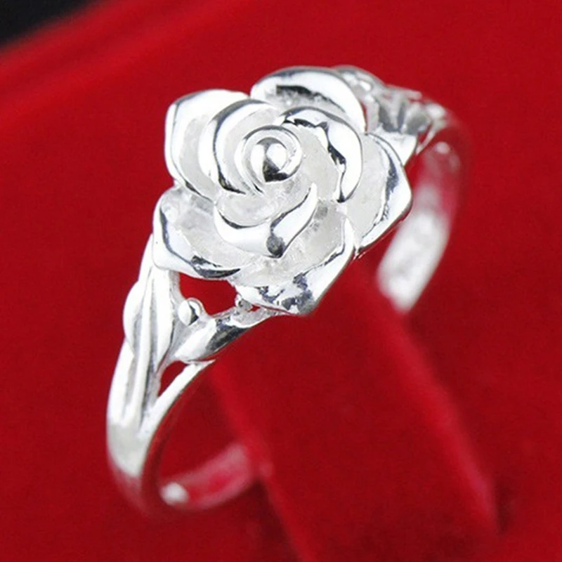 

New Wholesale Trendy Jewelry High Quality Exquisite Rose Flowers Silver RingsFor Women Finger Ring Vintage Retro Style Gift