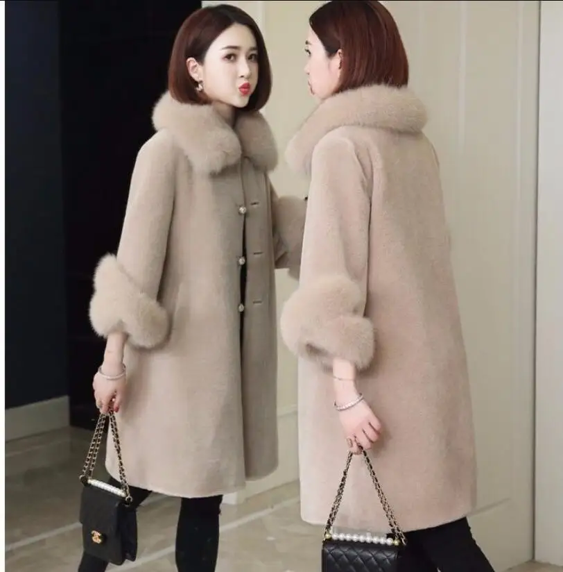 2022 Winter Women's Thick Warm Faux Mink Fur Outerwear Middle Aged Female Faux Fur Coats with Fox Collar Oversized Elegant Lady