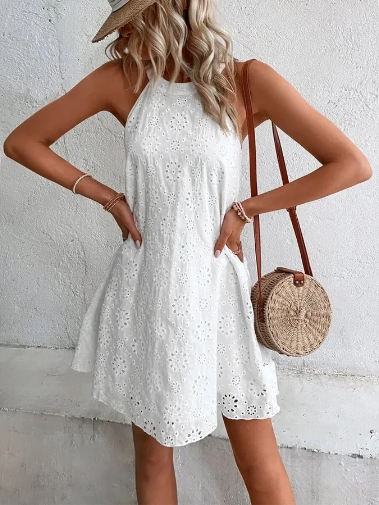 

Eyelet Embroidery White Tunic Dress Sleeveless Halter Summer Lace Boho Short Beach Holiday Resort Casual Mini Dress Women 2023