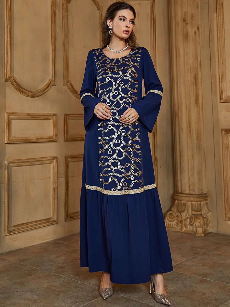 Женское платье макси с вышивкой, темно-синее длинное винтажное платье в мусульманском стиле, Дубай, абайя, 2022