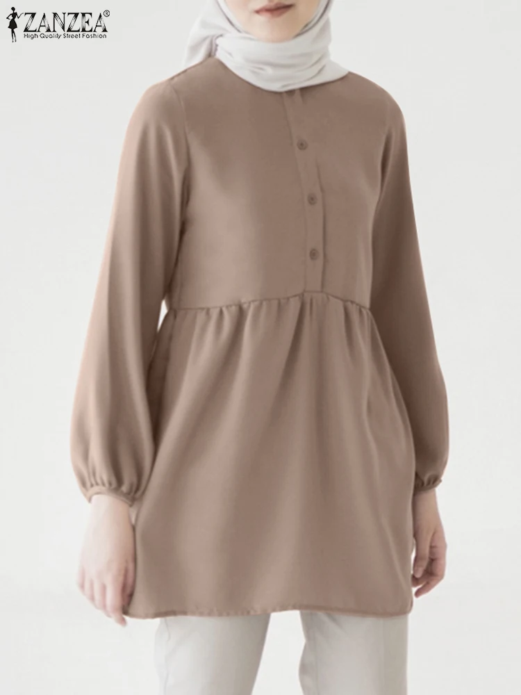 

2023 ZANZEA Muslim Tops For Women Fashion Long Sleeve Solid Blouse Turkey Abaya Solid Work Shirt Casual Kaftan Islamic Clothing