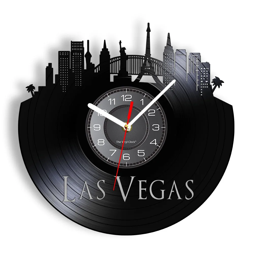 

City Of Gambling Las Vegas Skyline Wall Clock Las Vegas Cityscape Home Decor Nevada Architecture Vintage Vinyl Record Wall Clock